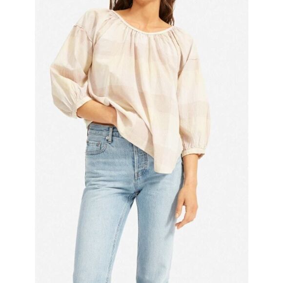 Everlane Blouse Womens Beige Tan Plaid Peasant Relax Balloon Sleeve Top size 00 - Picture 5 of 16